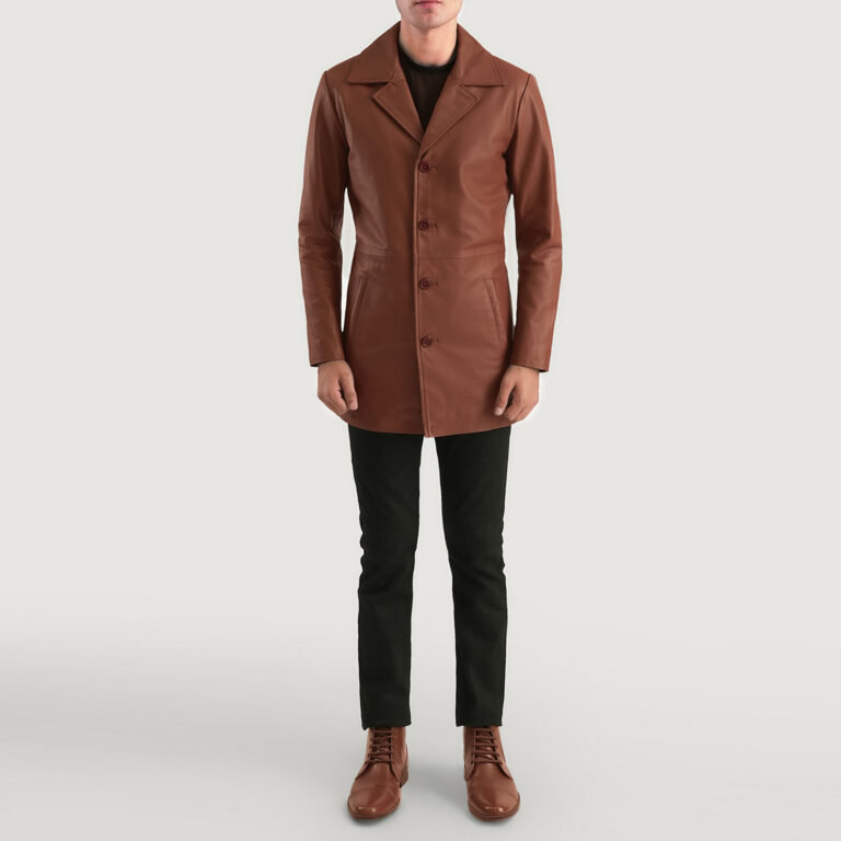 Mens Classmith Brown Leather Coat Full Length-2-1701087464968